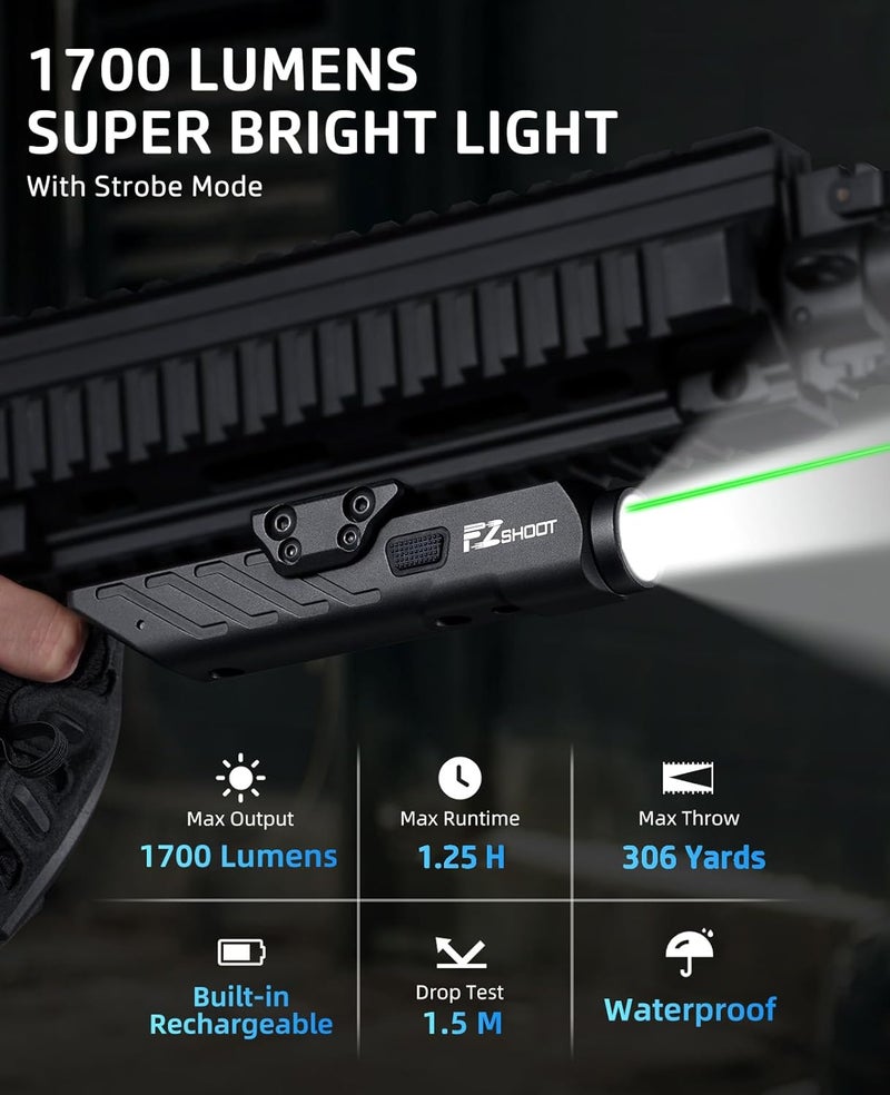 EZshoot 1700 Lumens Tactical Laser Light Combo for Rifle with Magnetic Rechargeable Compatible with Picatinny and M-Rail, Rilfe Flashlight Green Laser Light Combo with Strobe Mode - Image 3